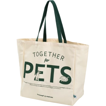 Eine beige Tragetasche mit grünen Griffen, mit dem Text "TOGETHER for PETS" deutlich angezeigt, zusammen mit Illustrationen eines Hundes und eines Tigers.