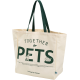 Un sac fourre-tout beige avec des poignées vertes, portant le texte "TOGETHER for PETS" affiché en évidence, accompagné d'illustrations d'un chien et d'un tigre.