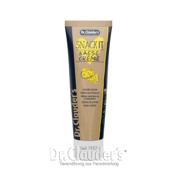 Dr. Clauder's Snack It Käse Creme Tube, die Käsecreme-Produkt mit Text in mehreren Sprachen, einschließlich "Käsecreme" und "Seit 1957."