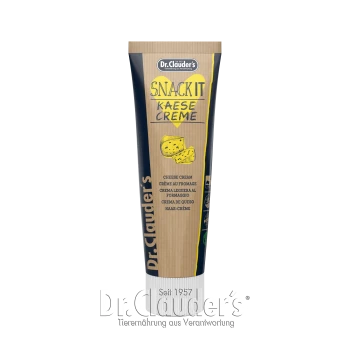 Dr. Clauder's Snack It Käse Creme Tube, die Käsecreme-Produkt mit Text in mehreren Sprachen, einschließlich "Käsecreme" und "Seit 1957."