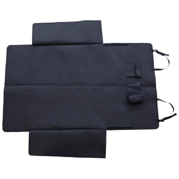 Schwarze gesteppte Autositzbezug für Haustiere mit Seitenklappen und verstellbaren Gurten zum Schutz der Rückbank im Fahrzeug.