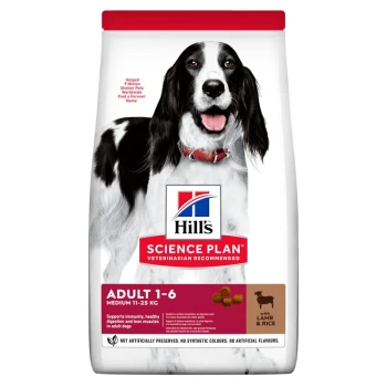 Hill's Science Plan dog food bag featuring a black and white dog, labeled "Adult 1-6 Medium 11-25 KG" with lamb and rice.