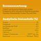 Nährwertangaben für Haustierfutter, die Zusammensetzung und analytische Komponenten auf Deutsch detailliert, mit Prozentangaben für Protein, Fett und mehr.