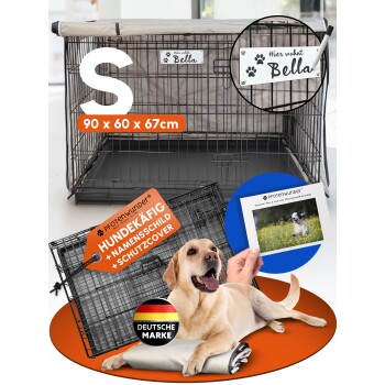 Hundebox Größe S 90x60x67cm mit Namensschild "Hier wohnt Bella" und Schutzabdeckung, deutsche Marke Pfotenwunder.