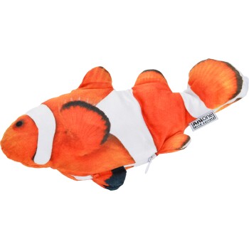 Orange-weißer Clownfisch-Plüschspielzeug mit schwarzen Akzenten und einem Etikett mit der Aufschrift „Antone Wild Variety“.