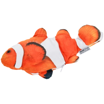 Orange and white clownfish plush toy with black accents and a tag reading "Antone Wild Variety"