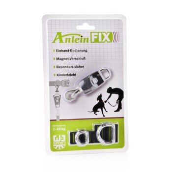 Hundeleinen-Anschlusskit mit der Aufschrift "Anlein FIX," mit einem Clip für einhändige Bedienung, Magnetverschluss und Sicherheitsmerkmalen, geeignet für Hunde von 2-40 kg.