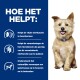 Een kleine hond in een blauwe halsband zit tegen een blauwe achtergrond met witte tekst over de voordelen voor de niergezondheid.