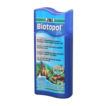 Bouteille de conditionneur d'eau JBL Biotopol, avec un texte multilingue sur la conversion de l'eau du robinet en eau saine pour aquarium, avec un graphique d'aloe vera.