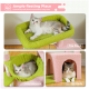 Bild einer Katze, die auf einer grünen plüschigen oberen Liegefläche ruht, mit einer gemütlichen Hängematte und einem rosa Katzenhaus darunter. Text lautet: "Geräumiger Ruheplatz."