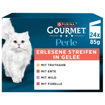 Purina Gourmet Perle Katzenfutterkarton mit weißer langhaariger Katze, Text 'ERLESENE STREIFEN IN GELÉE', aufgeführten Sorten und '24x85g'.