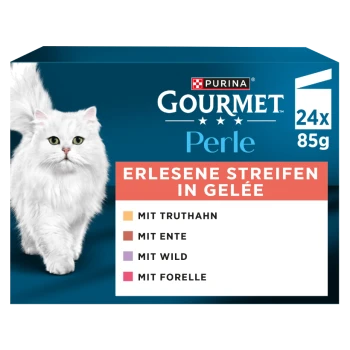 Purina Gourmet Perle Katzenfutterkarton mit weißer langhaariger Katze, Text 'ERLESENE STREIFEN IN GELÉE', aufgeführten Sorten und '24x85g'.