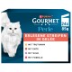 Purina Gourmet Perle Katzenfutterkarton mit weißer langhaariger Katze, Text 'ERLESENE STREIFEN IN GELÉE', aufgeführten Sorten und '24x85g'.