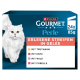 Purina Gourmet Perle Katzenfutterkarton mit weißer langhaariger Katze, Text 'ERLESENE STREIFEN IN GELÉE', aufgeführten Sorten und '24x85g'.