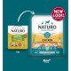 Naturo dog food packaging: new design (right) highlights "Chicken with Potato & Vegetables," 65% chicken, grain-free, with "NEW LOOK!"