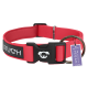 Rotes Hundehalsband mit einer schwarzen Schnalle, das ein Hundelogo zeigt, mit der Aufschrift "STUCH" und einem Anhänger mit der Aufschrift "PETA APPROVED VEGAN".