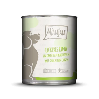 Dose für Hundefutter mit der Aufschrift "Mjamjam" mit einer Hundesilhouette, mit dem Text "Leckeres Rind an gekochten Kartoffeln mit knackigen Erbsen."