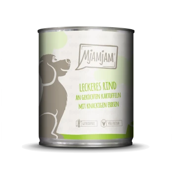Nourriture pour chien en conserve étiquetée "Mjamjam" avec une silhouette de chien, avec un texte indiquant "Délicieux bœuf avec des pommes de terre cuites et des pois croquants."
