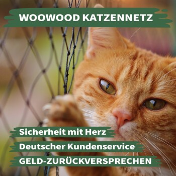 Nahaufnahme einer orangefarbenen Katze, die an einem Netzzaun kratzt, mit Überlagerung: "WOOWOOD KATZENNETZ - Sicherheit mit Herz, Geld-zurückversprechen."