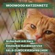 Nahaufnahme einer orangefarbenen Katze, die an einem Netzzaun kratzt, mit Überlagerung: "WOOWOOD KATZENNETZ - Sicherheit mit Herz, Geld-zurückversprechen."