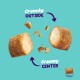 Two split pet treats revealing crunchy outside and creamy center on teal background with text "Crunchy OUTSIDE", "Creamy CENTER" and "15mm"