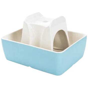 Ceramic pet water fountain with a white top and a light blue base, designed for cats and small dogs.