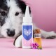 Flasche des Haustierprodukts 'Z-Spot für Hunde' auf einem rosa Hintergrund, begleitet von einem kleinen Glasfläschchen mit Öl, einer Kokosnuss-Scheibe und Blumen.