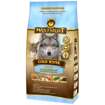 Premium-Hundefuttertüte mit der Aufschrift 'WOLFSBLUT COLD RIVER ADULT', mit Forelle und Süßkartoffel, mit Bildern von Zutaten und Gesundheitsansprüchen.