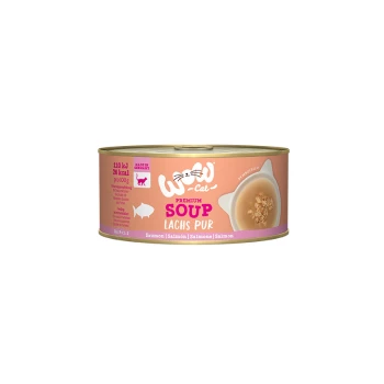 Puszka "Woo-Cat Premium Soup" z łososiem, z informacjami o wartości odżywczej pokazującymi 110 kJ i 26 kcal na 100g.