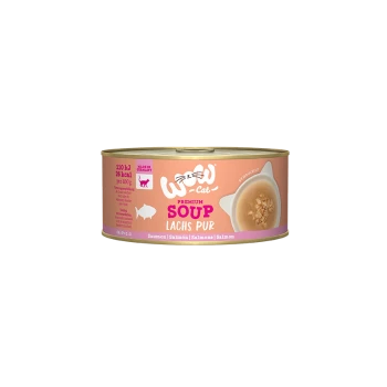 Dose von "Woo-Cat Premium Soup" mit Lachs, mit Nährwertangaben, die 110 kJ und 26 kcal pro 100 g zeigen.