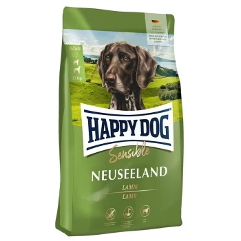 Happy Dog Sensible Neuseeland Hundefutterbeutel mit einem braunen Hund auf der Vorderseite, beschriftet mit "Lamm" und "Adult" mit 11 kg Gewicht.