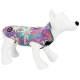 A white mannequin dog wearing a colorful, splatter-patterned raincoat in shades of purple, pink, and blue, featuring a black logo.