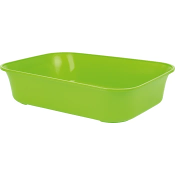 Grüne Kunststoff-Haustierstreu-Box mit rechteckiger Form und glatten Kanten, geeignet für kleine Tiere.