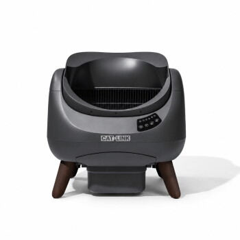 Graue CAT LINK automatische Katzentoilette mit Holzbeinen, Frontbedienfeld und offenem Oberteil; 'CAT LINK'-Logo sichtbar.