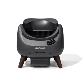 Graue CAT LINK automatische Katzentoilette mit Holzbeinen, Frontbedienfeld und offenem Oberteil; 'CAT LINK'-Logo sichtbar.