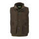 Braune Outdoor-Weste mit vorderen Knöpfen, Reißverschlusstaschen auf der Brust und Klappentaschen, mit der Aufschrift „Hunter Outdoor“ im Krageninneren.