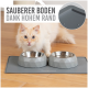 Zwei graue Haustierschalen mit geometrischem Design stehen auf einer grauen Matte, mit dem Text "Sauberer Boden dank hohem Rand."