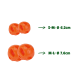 Zwei Paare orangefarbener Gummibälle zum Kauen für Hunde in den Größen S-M: 6,2 cm und M-L: 7,6 cm Durchmesser, auf weißem Hintergrund gezeigt.