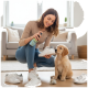Frau hockt und besprüht einen weißen Sneaker mit haustiersicherem Spray, während ein Golden-Retriever-Welpe daneben schnuppert.