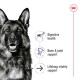A close-up of a German Shepherd's face with text highlighting benefits: "Digestive health," "Bone & joint support," and "Lifelong vitality support."