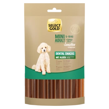 Select Gold Mini Adult Dental Snacks voor kleine honden (5-10 kg), met een poedel op de verpakking, gelabeld 'Sensitive' en 'Mit Algen.'