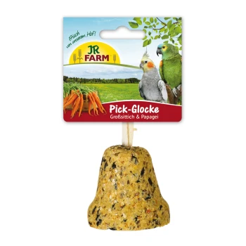 JR Birds Pick-Glocke 160 g Friandise pour oiseaux en forme de cloche étiquetée "Pick-Glocke" pour grands perroquets, avec un fond coloré avec des carottes et deux oiseaux.