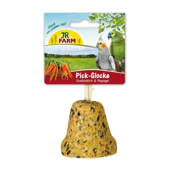 Eine glockenförmige Vogelsnack mit der Aufschrift "Pick-Glocke" für große Papageien, mit einem bunten Hintergrund mit Karotten und zwei Vögeln.