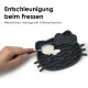 Rosa Silikon-Haustierfütterungsmatte in Form eines Katzenkopfes, mit gewellten Rillen, um das Essen zu verlangsamen, mit deutschem Text, der ihre Vorteile bewirbt.