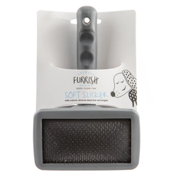 Gray Furrish Soft Slicker brush with metal-bristle pad in packaging; text reads Furrish, Soft Slicker, Good. Clean. Fun.
