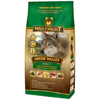 Premium-Hundefutterbeutel "WOLFSBLUT GREEN VALLEY ADULT" mit Wolf-Bild und Zutaten: Lamm, Lachs, Kartoffel auf Deutsch und Englisch.