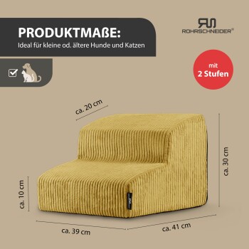 Gelbe Cord-Haustierstufen mit zwei Stufen für kleine oder ältere Hunde und Katzen; zeigt die Texte 'PRODUKTMAßE', 'mit 2 Stufen', Maße und Rohrschneider-Logo.