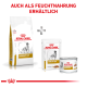 Royal Canin Urinary S/O Produkte: ein Sack Trockenfutter, ein Beutel Nassfutter und eine Dose, mit dem Text "Auch als Nassfutter erhältlich."