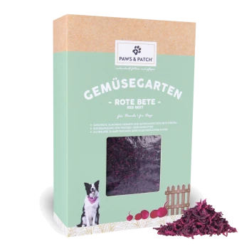 Grüne Paws & Patch 'GEMÜSEGARTEN – ROTE BETE' Hundesnackbox mit Sichtfenster, das zerkleinerte Rote Bete, einen Rote-Bete-Haufen und ein Hundefoto zeigt.