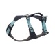 Ein marineblaues und türkisfarbenes verstellbares Hundegeschirr mit gepolsterten Riemen und einem stabilen Clip, entworfen für Komfort und Sicherheit.